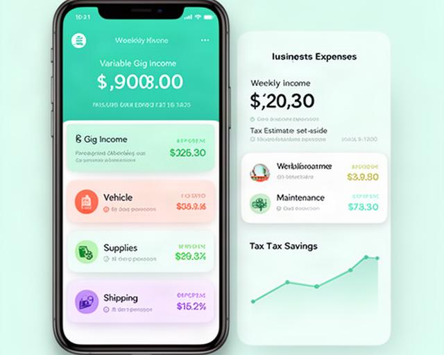 Mobile screen showing gig income next to categorized expenses for gas, maintenance, and supplies