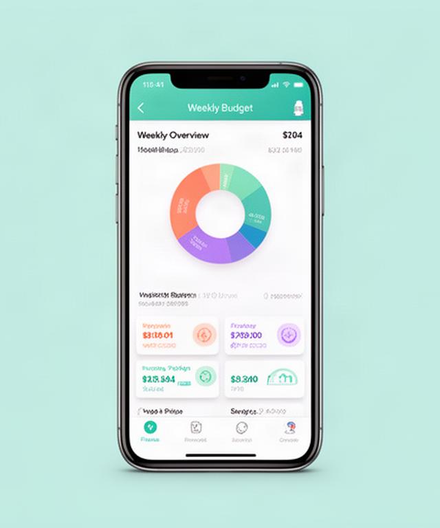 Smartphone displaying weekly budget overview with colored categories and a donut chart
