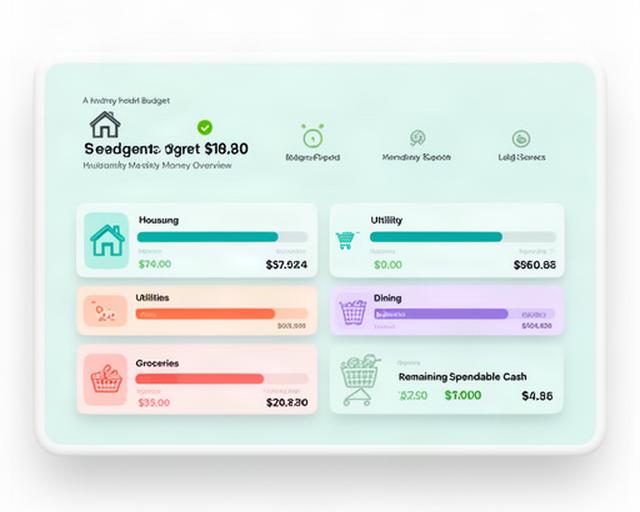 Family budget screen showing housing, utilities, groceries and dining categories with progress bars
