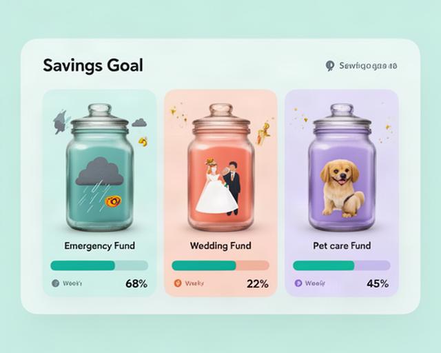 Three savings goal jars on screen: emergency fund 68% full, wedding fund 22%, pet care fund 45%